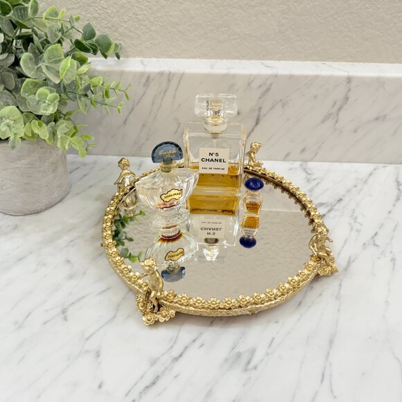 Hollywood Regency Cherub Footed Vanity Mirror/Tray - Picture 1 of 17